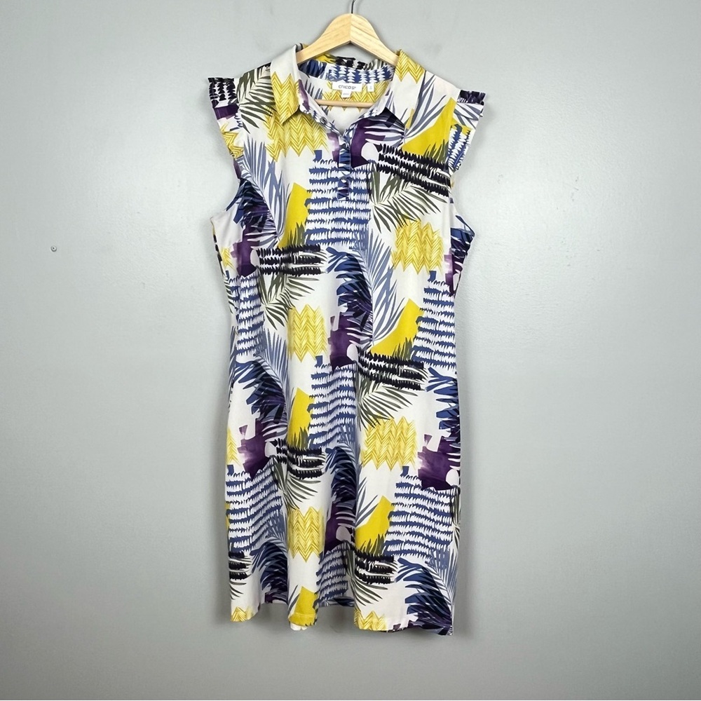 Chico’s blue & yellow ruffle cap sleeve performance material dress, large. - Picture 1 of 8